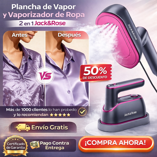 Plancha de vapor y vaporizador de ropa 2 en 1 Jack&Rose - Removedor de arrugas de prendas portátil de mano, calentamiento rápido, suela grande, depósito de agua de 150 ml - Ligero para el hogar, viajes,