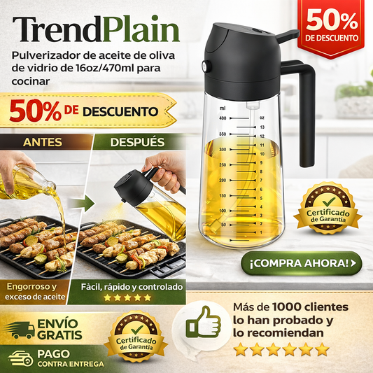 TrendPlain - Pulverizador de aceite de oliva de vidrio de 16oz/470ml para cocinar – Botella dispensadora de aceite de oliva 2 en 1 para accesorios de cocina y freidora de aire, ensalada, parrilla