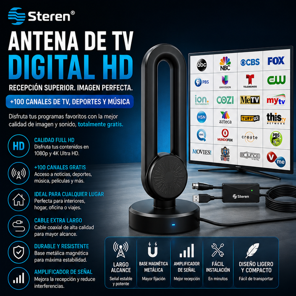 Steren® Antena de TV digital HD: base magnética metálica compacta, diseño ligero, amplificador de señal, fácil instalación, recepción de largo alcance para canales locales, antena digital HD, +100 canales de tv, deportes y musica