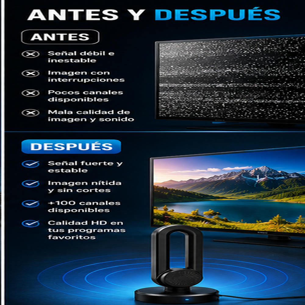 Steren® Antena de TV digital HD: base magnética metálica compacta, diseño ligero, amplificador de señal, fácil instalación, recepción de largo alcance para canales locales, antena digital HD, +100 canales de tv, deportes y musica