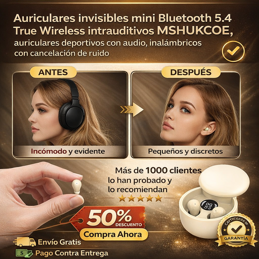 Auriculares invisibles mini Bluetooth 5.4 True Wireless intrauditivos MSHUKCOE, auriculares deportivos con audio, inalámbricos con cancelación de ruido
