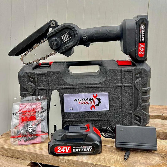 MotoSierra inalambrica incluye Baterías 24V, 2x Batería + 2x Cadena + 2x Hoja, 4 Pulgadas + Destornillador + Lima de 25cm REGALO